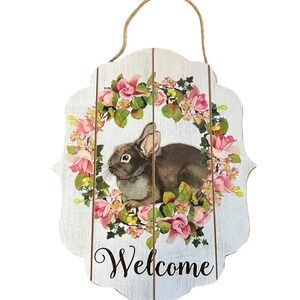 Spring Bunny Welcome Door Hanger Floral Wreath Rustic Easter Wall Decor